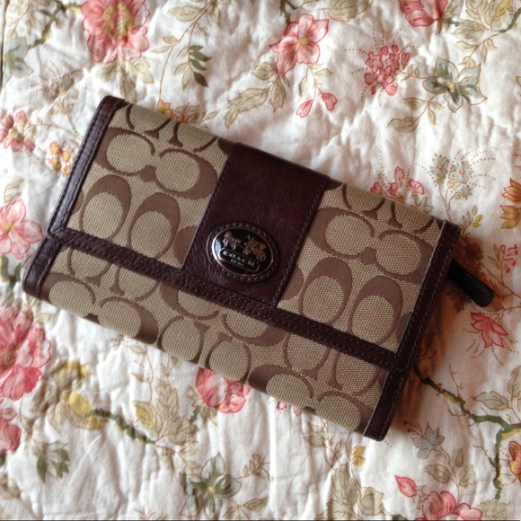 Coach Handbags - Coach Signature Large Brown Trifold Wallet